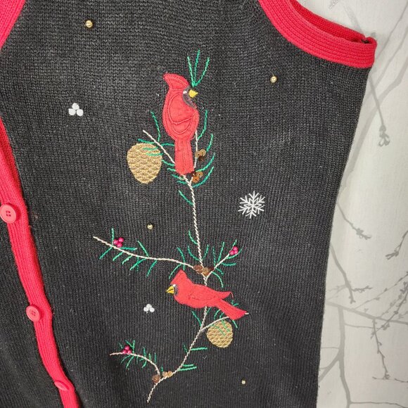 White Stag Cardigan Birds Embroidered Holidays Sweater Vest - Picture 3 of 5